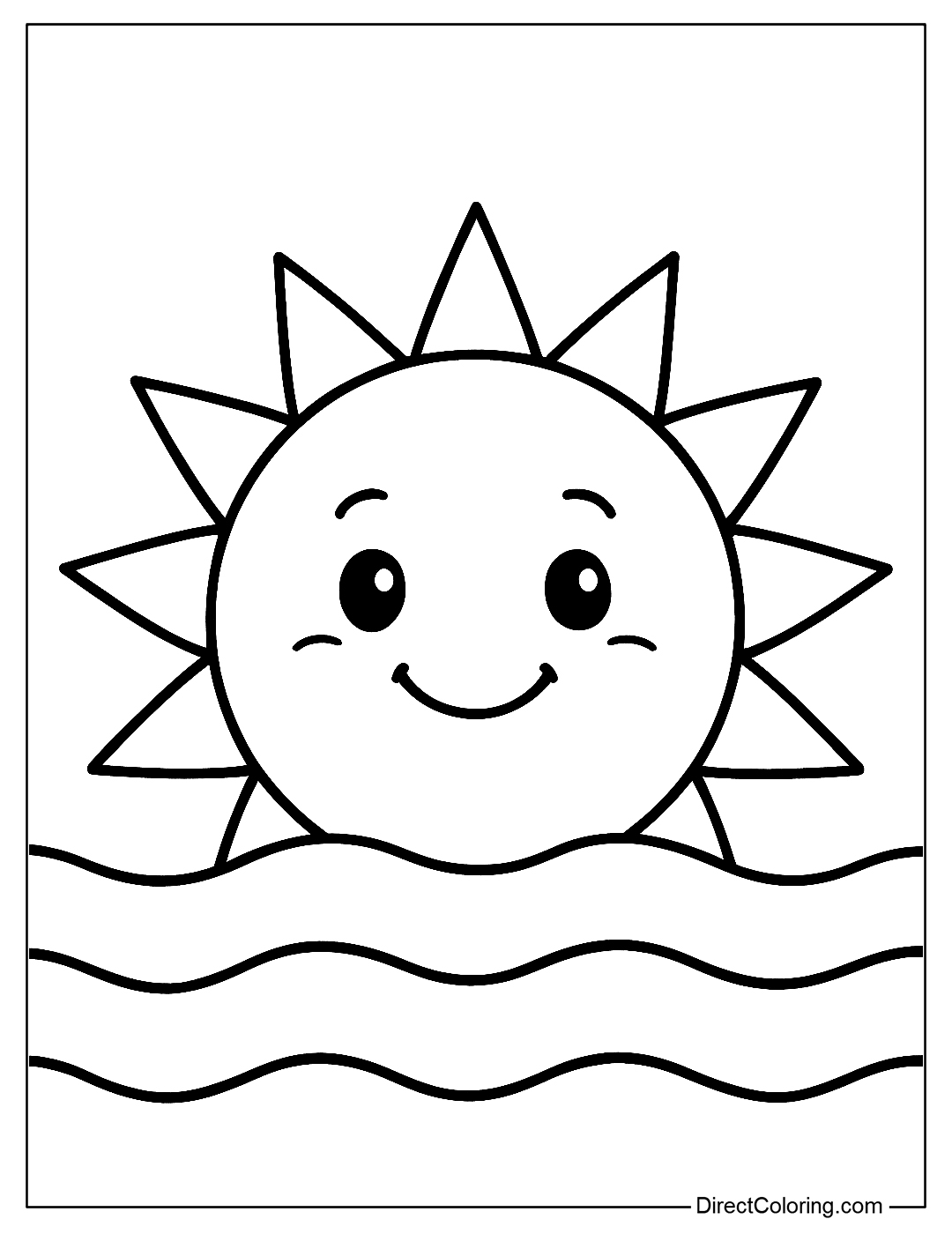 coloring page of a sunrise over the blue sea, cartoon style, easy to color
